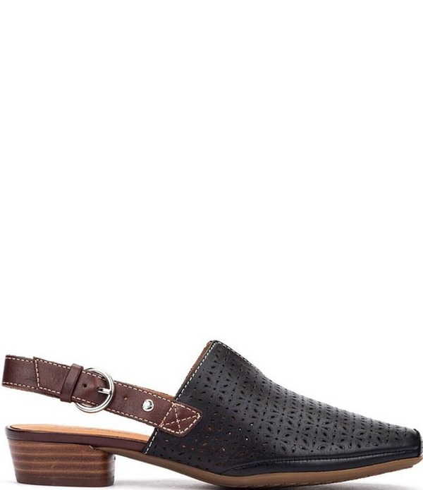 ピコリーノス レディース シューズ パンプス なめし革 踵 Pikolinos Alameda Perforated Leather Block Heel Slingback Heels Black 黒いこと