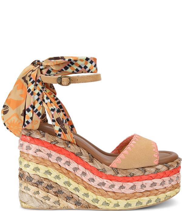 カートジェイガーロンドン レディース シューズ スリッポン・ローファー プラットホーム サンダル 絹地 アンクル Kurt Geiger London Rainbow Silk Ankle Tie Braided Platform Wedge Sandals Yellow Combo 黄色