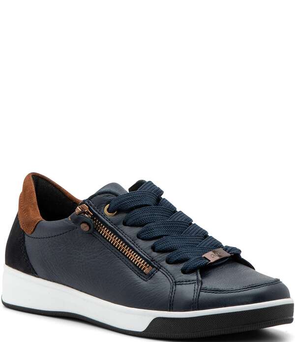 アラ レディース シューズ スニーカー なめし革 ara Rei Low Patent Leather Zip Sneakers Navy 米国海軍