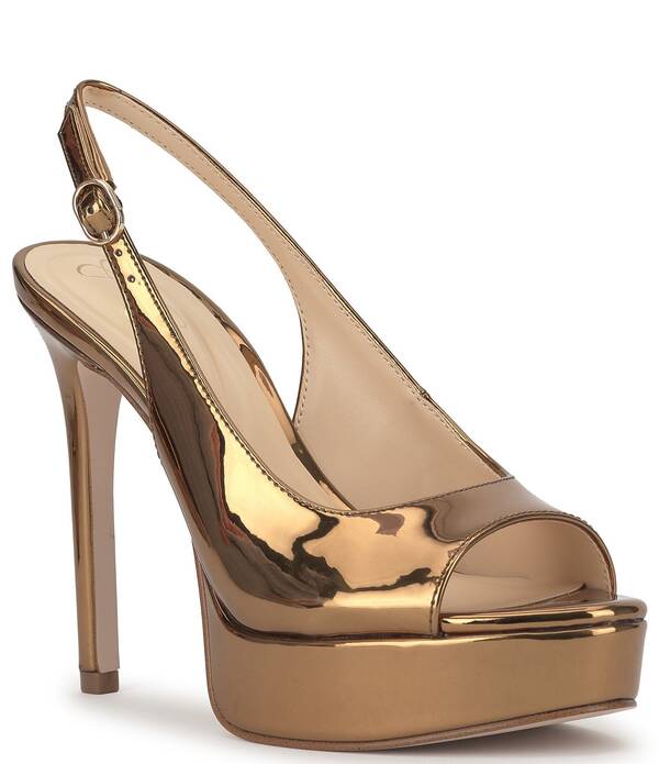 ジェシカシンプソン レディース シューズ 踵 プラットホーム Jessica Simpson Sibilla Patent Peep Toe Slingback Platform Dress Pumps Bronze