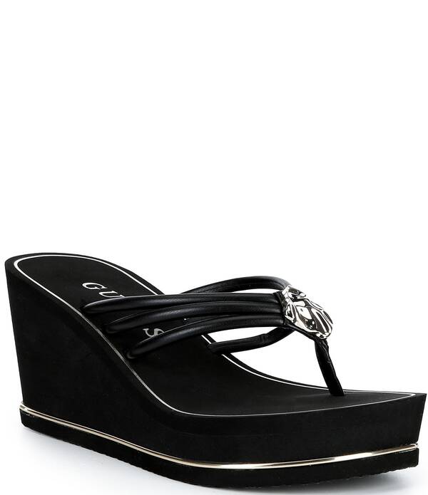 ゲス レディース シューズ 踵 プラットホーム サンダル Guessabrie Hardware Detail Platform EVA Wedge Thong Sandals Black 黒いこと