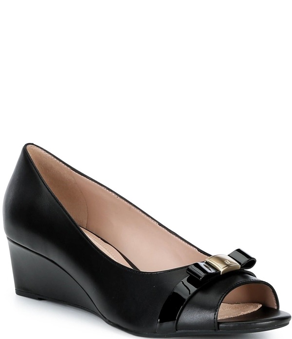 電話を掛けるハーン レディース シューズ パンプス なめし革 Cole Haan Go-To Malta Leather Peep Toe Bowedge Pumps Black 黒いこと
