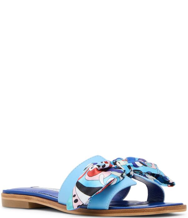 スティーブ マデン レディース シューズ パンプス 刷り上げる サンダル なめし革 Steve Madden Hadyn Groovy Print Scarf Leather Flat Slide Sandals Blue/Multi 青碧