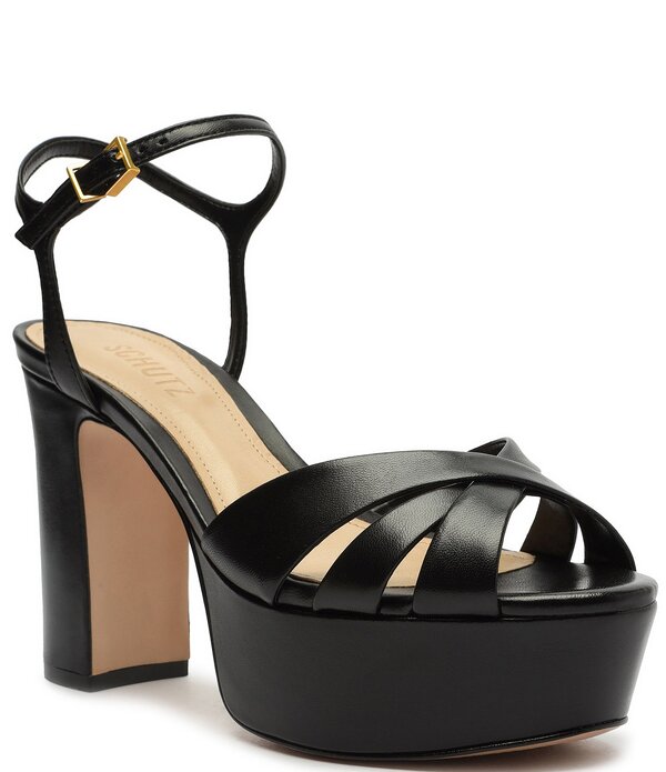 シュッツ レディース シューズ サンダル プラットフォーム アンクル レザー Schutz Keefa Leather Platform Ankle Strap Sandals Black ブラック｜ReVida 店