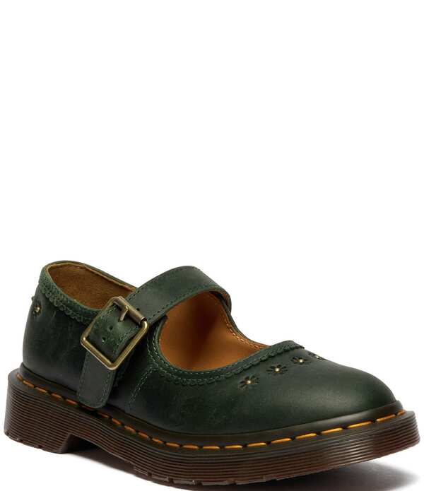 御医者さんマーチン レディース シューズ スリッポン・ローファー なめし革 Dr. Martens Women\u0027s Crazy Horse Leather Flower Studded Mary Janes DMS Green 緑であること