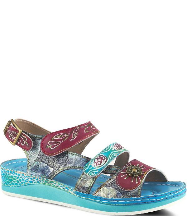 ラリティステ レディース シューズ サンダル 御花柄 プラットホーム なめし革 御花 L\u0027ARTISTE Sumacah Leather Floral Platform Wedge Sandals Aqua アクア