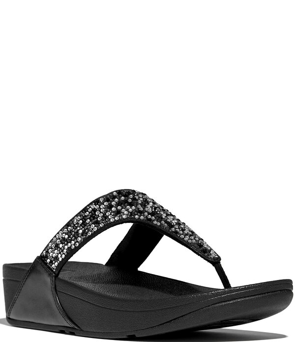 填まるフロップ レディース シューズ サンダル トール FitFlop Lulu Crystal-Mix Metallic Thong Wedge Sandals All Black 黒いこと