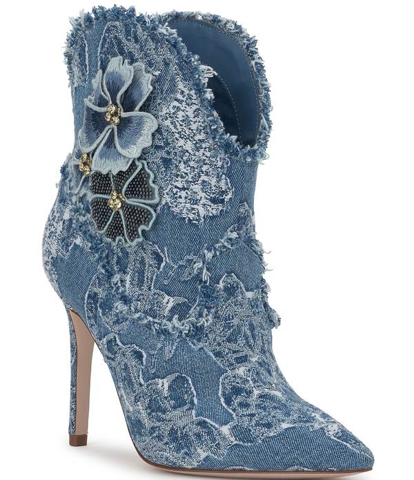 ジェシカシンプソン レディース シューズ ブーツ・レインブーツ ティーシャツ ジーンズ Jessica Simpson Plitee Denim 3-D Flower Embellished Western Booties Medium Blue 青碧