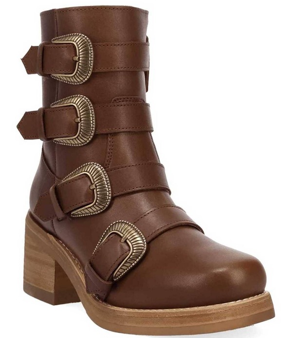ディンゴ レディース シューズ ブーツ・レインブーツ なめし革 踵 Dingo Topanga Leather Buckle Straps Block Heel Booties Brown 赤銅色