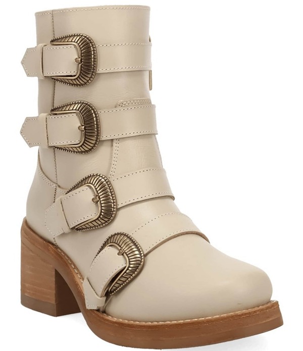 ディンゴ レディース シューズ ブーツ・レインブーツ なめし革 踵 Dingo Topanga Leather Buckle Straps Block Heel Booties Cream 皮膚軟化剤