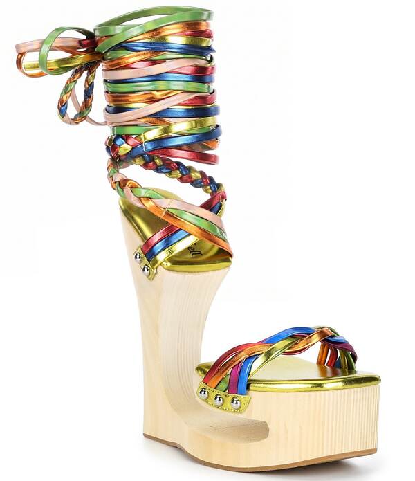 ジェフリー キャンベル レディース シューズ サンダル プラットホーム トール Jeffrey Campbell Mazes Metallic Rainbow Strappy Wraparound Tie Open Platform Wedge Sandals Bright Gold Multi ゴールド