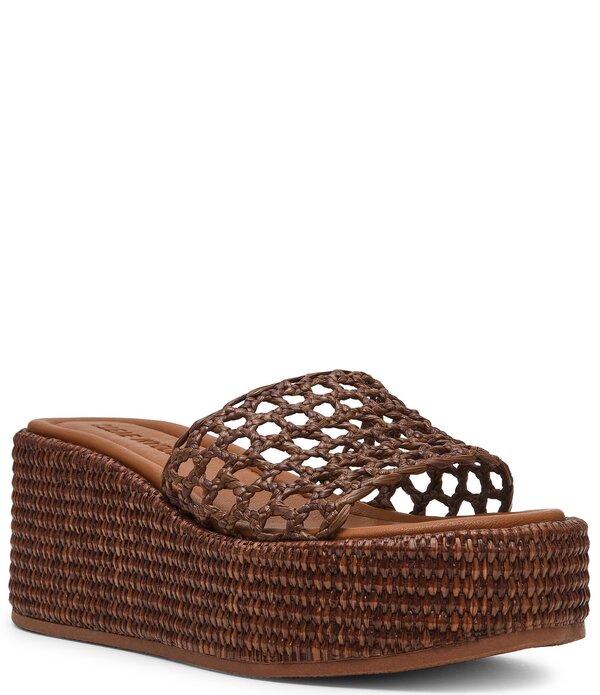 スティーブ マデン レディース シューズ サンダル プラットホーム Steve Madden Brandy Woven Platform Wedge Slide Sandals Brown Raffia 赤銅色
