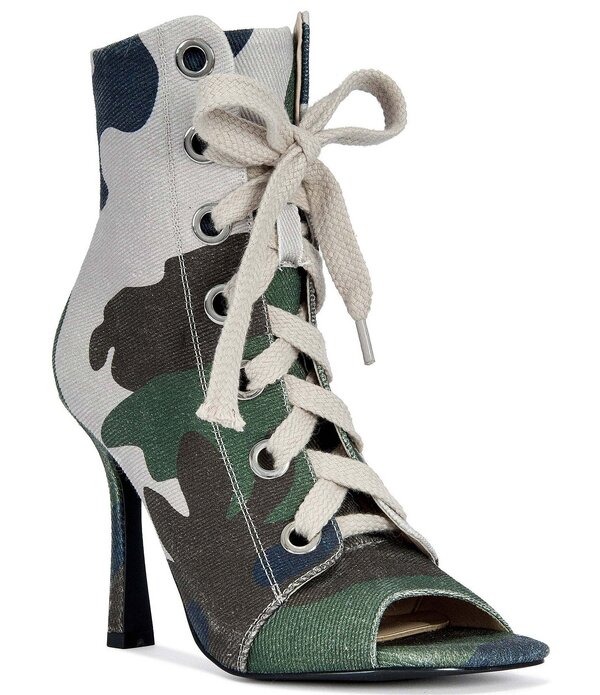 アザレア 一 レディース シューズ 踵 刷り上げる ブーツ スピード競技 Azalea Wang Rooftop Camouflage Print Lace Upeep Toe Booties Camo