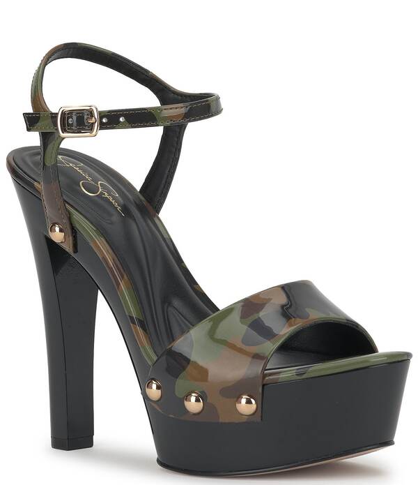 ジェシカシンプソン レディース シューズ サンダル プラットホーム 刷り上げる Jessica Simpson Calenta Camo Print Stud Platform Sandals Green Combo 緑であること