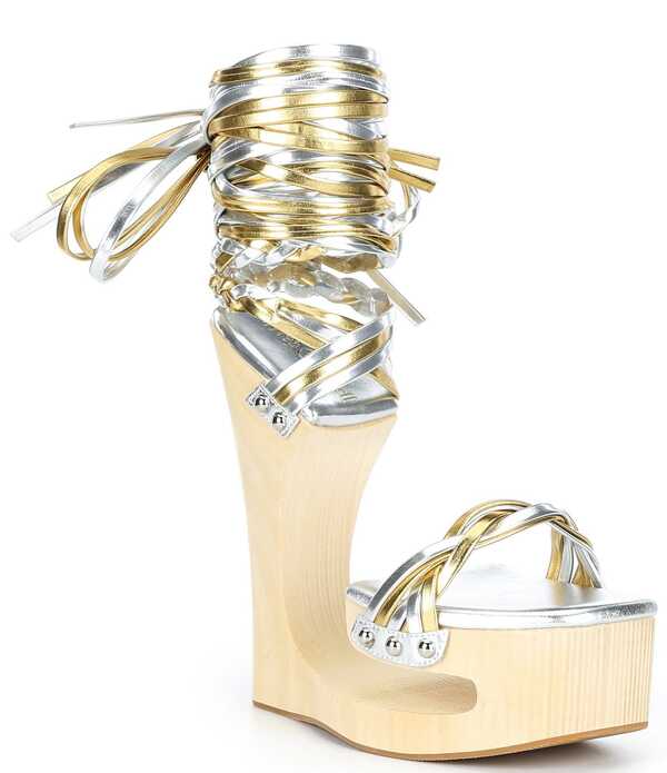 ジェフリー キャンベル レディース シューズ サンダル プラットホーム トール 色つや立ちはだかる Jeffrey Campbell Mazes Metallicolorblock Strappy Wraparound Tie Open Platform Wedge Sandalsilver Gold Combo ゴールド