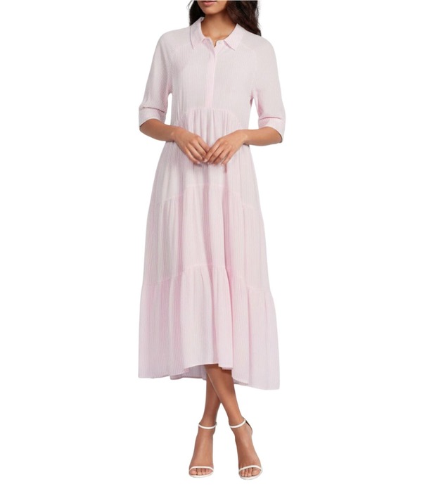エーラブズエー レディース トップス 衣装 ティアード 刷り上げる MIDI プルオーバー A Loves A Pinstripe Print Button Point Collar 3/4 Blouson Cuff Sleeve Tiered Waistless Midi Shirt Dress Pink Petal サクラ色