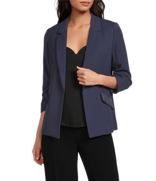 スカイズアブルー レディース アウター コート ブレザー Skies Are Blue Notch Lapel Shirred 3/4 Sleeve Open Front Statement Blazer Oxford Blue ブルー｜ReVida 店
