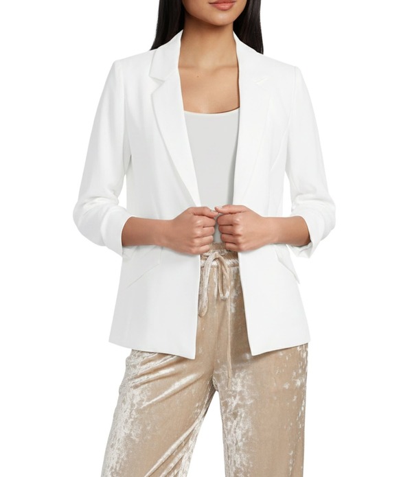 スカイズアブルー レディース アウター コート ブレザー Skies Are Blue Notch Lapel Shirred 3/4 Sleeve Open Front Statement Blazer White ホワイト|ReVida 店