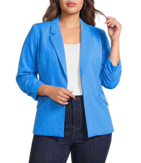 スカイズアブルー レディース アウター コート プラスサイズ ブレザー Skies Are Blue Plusize Notch Lapel Shirred 3/4 Sleeve Open Front Coordinating Statement Blazer Cyan Blue ブルー｜ReVida 店