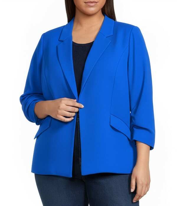 スカイズアブルー レディース アウター コート プラスサイズ ブレザー Skies Are Blue Plusize Notch Lapel Shirred 3/4 Sleeve Open Front Coordinating Statement Blazer Electric Blue ブルー｜ReVida 店