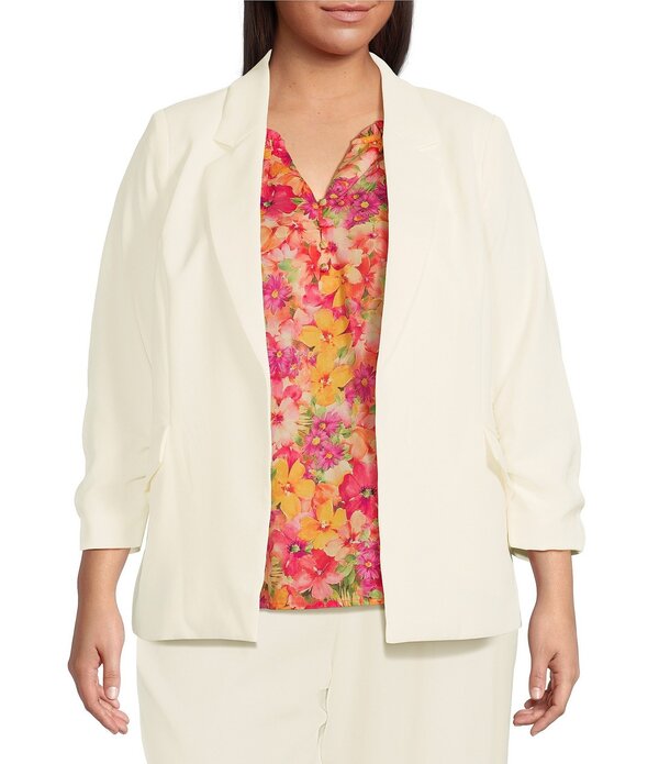 スカイズアブルー レディース アウター コート プラスサイズ ブレザー Skies Are Blue Plusize Notch Lapel Shirred 3/4 Sleeve Open Front Coordinating Statement Blazer White ホワイト｜ReVida 店