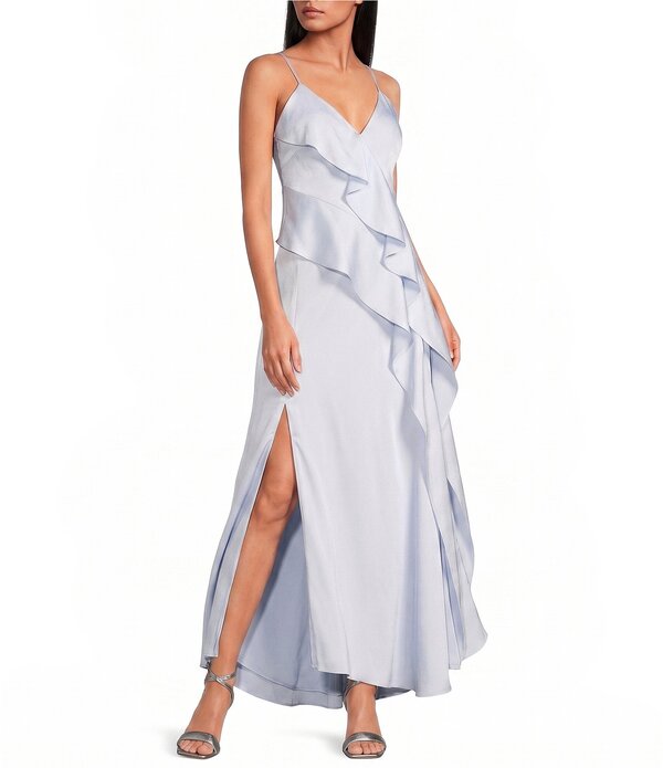ジャンビニ レディース トップス 衣裳 Vのど首 ドレープ フラウンス 繻子 ノースリーブ Gianni Bini Quinn Ruffle Draped V-Neck Sleevelessatin Dress Glacier