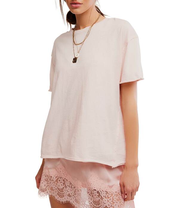 フリーピープル レディース トップス Tシャツ クルーネック Free People Nina Short Sleeve Raw Edge Crew Neck Boxy Tee Shirt Blushing Peony|ReVida 店