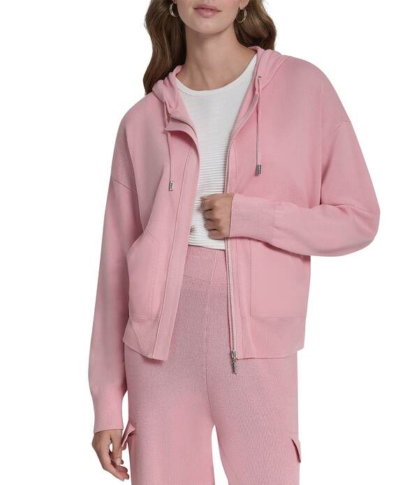 ダナキャラン レディース アウター 厚地の外套 フーデッドジャケット 繻子 上衣 DKNY By Donna Karan Satin Pocket Full-Zip Hooded Jacket Bloom Pink さくら色