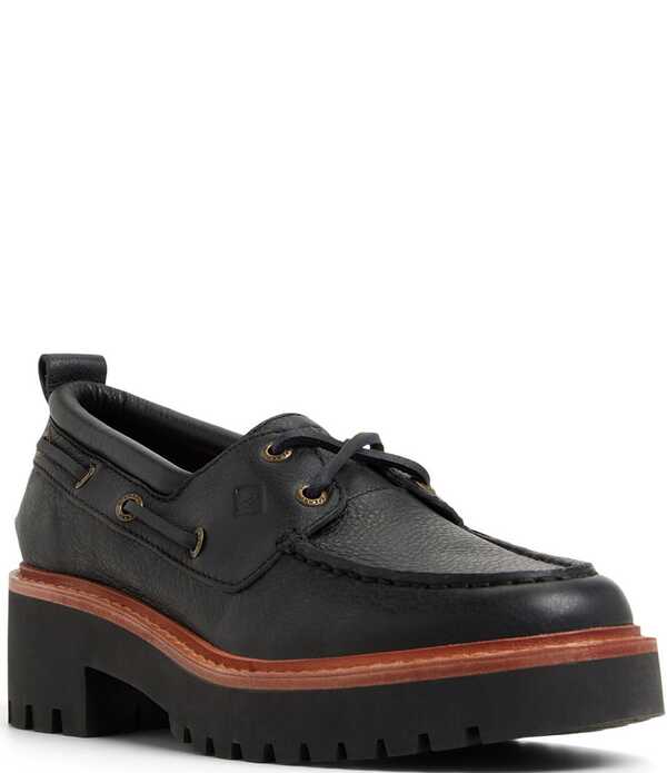 スペリー レディース シューズ プラットホーム なめし革 踵 Sperry Women\u0027s Authentic Original 2-Eye Boat Lug Leather Block Heel Platform Boat Shoes Black 黒いこと
