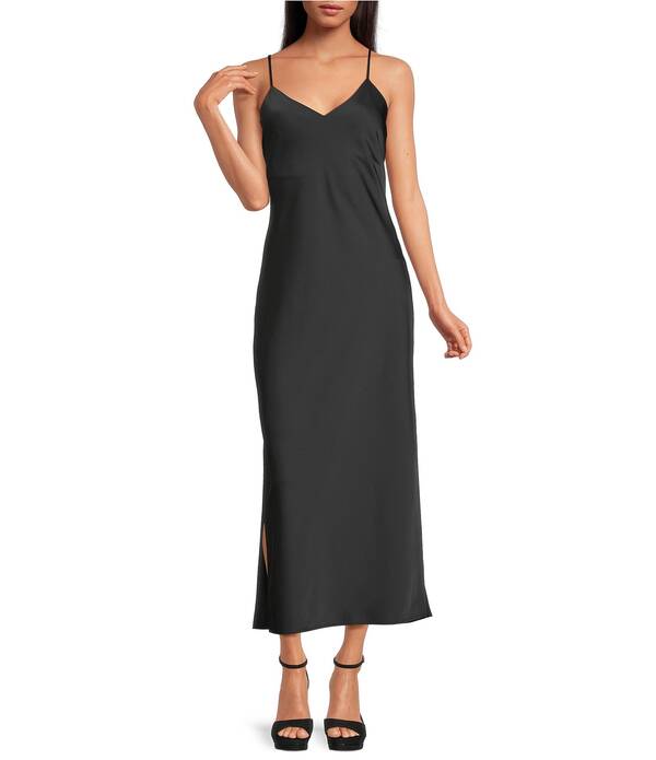 ジャンビニ レディース トップス 衣裳 Vのど首 繻子 ノースリーブ マキシ Gianni Bini Haven Satin V-Neck Sleeveless Maxi Slip Dress Black 黒いこと