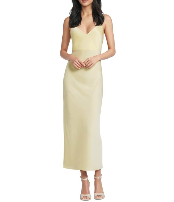 ジャンビニ レディース トップス 衣裳 Vのど首 繻子 ノースリーブ マキシ Gianni Bini Haven Satin V-Neck Sleeveless Maxi Slip Dress Light Yellow 黄色