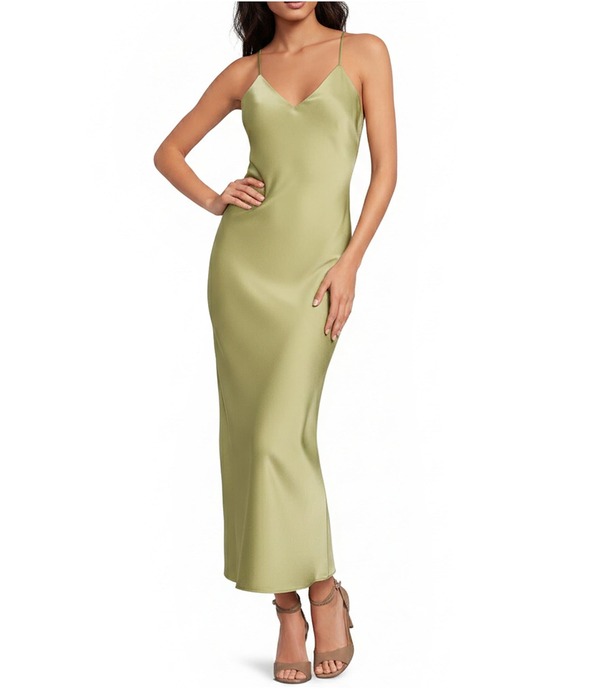 ジャンビニ レディース トップス 衣裳 Vのど首 繻子 ノースリーブ マキシ Gianni Bini Haven Satin V-Neck Sleeveless Maxi Slip Dress Matcha