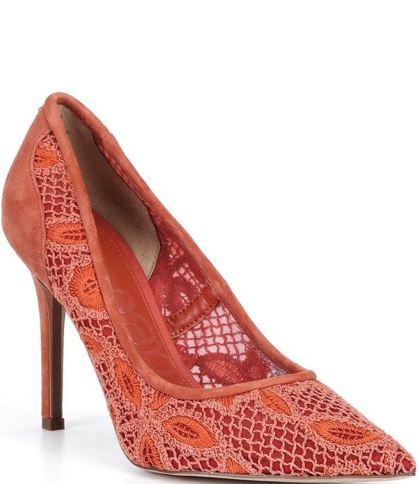 サムエデルマン レディース シューズ 踵 御花柄 スエードクロス スピード競技 御花 Sam Edelman Hazel Woven Floralace and Suede Pointed Toe Pumps Coral Clay コーラル