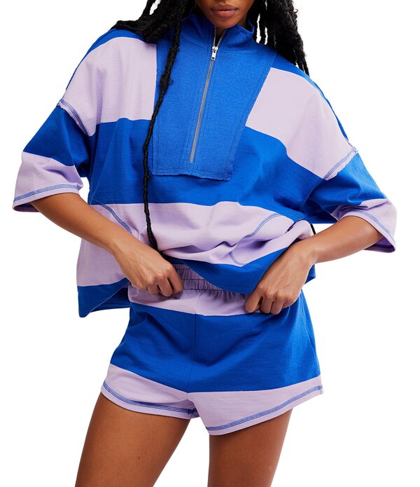 フリーピープル レディース ボトムス 二分の一ズボン下・さる股引き ハーフジップ Free People FP Movement Retro Rugby Stripe Pattern Quarter Zip Short Sleeve Short Set Electric Shock Combo 縞模様