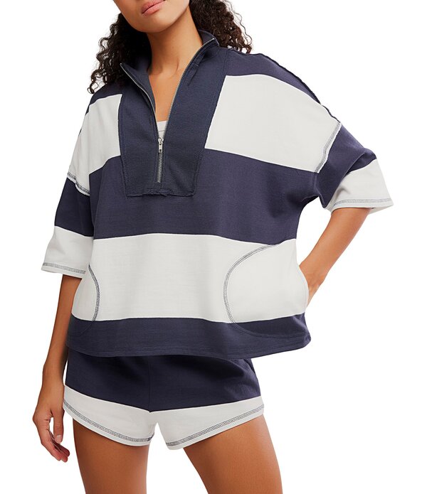 フリーピープル レディース ボトムス 二分の一ズボン下・さる股引き ハーフジップ Free People FP Movement Retro Rugby Stripe Pattern Quarter Zip Short Sleeve Short Set Midnight Navy Combo 米国海軍