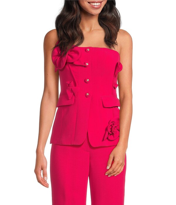 マルケッサ レディース アウター より良い 縮緬 ストラップレス Muse by Marchesa Flora Stretch Crepe Applique Strapless Button-Up Vest Cerise