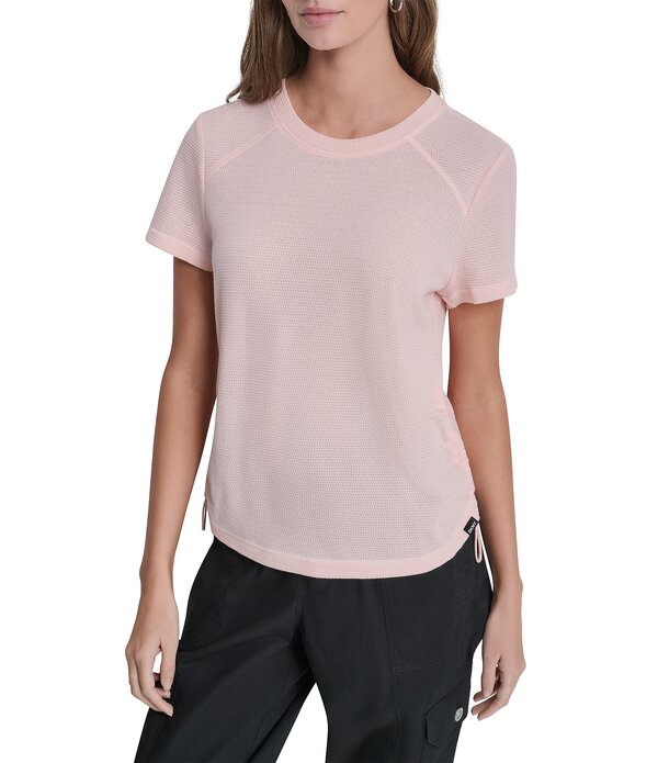 ダナキャラン レディース トップス シャツ クルーネック ギャザー メッシュ DKNY Sport By Donna Karan Overtimesh Crew Neck Short Sleeve Bungee Ruched Tee Peach Spritz ピーチ｜ReVida 店