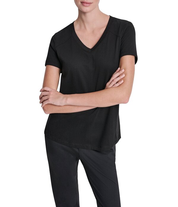 ダナキャラン レディース トップス シャツ Vネック ジャージー DKNY Sport By Donna Karan Micro Peached Jersey V-Neck Short Sleeve High Low Tee Black ブラック｜ReVida 店