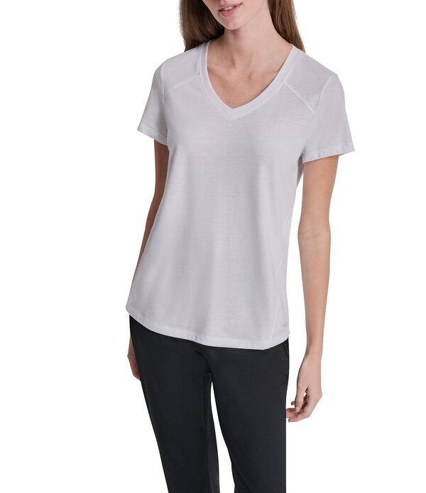 ダナキャラン レディース トップス シャツ Vネック ジャージー DKNY Sport By Donna Karan Micro Peached Jersey V-Neck Short Sleeve High Low Tee White ホワイト|ReVida 店