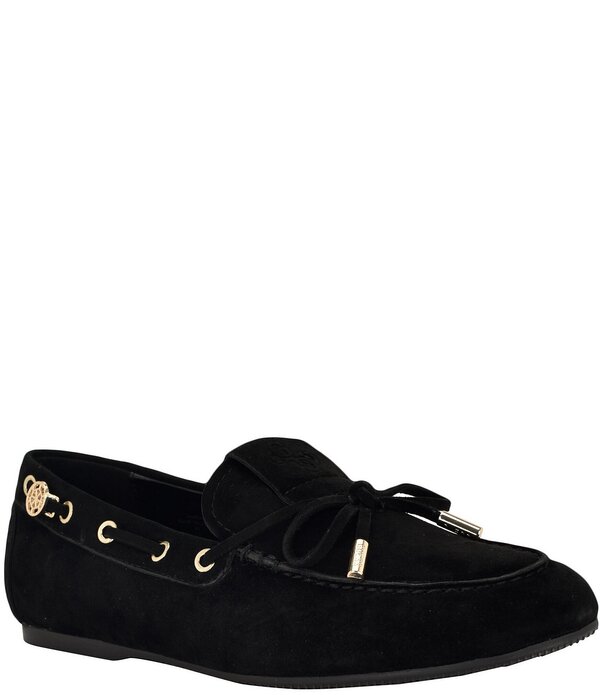 ゲス レディース シューズ パンプスエード 置き目毛皮 Guess Aisha Suede Boat Loafers Black 黒いこと