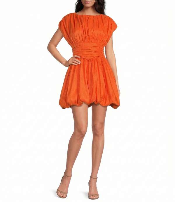 シュガーリップス レディース トップス 衣装 モックネック ギャザー ミニ 繻子 旗がしら Sugarlips Avery Mock Neck Cap Sleeve Ruched Bubble Hem Satin Mini Dress Orange オレンジ色