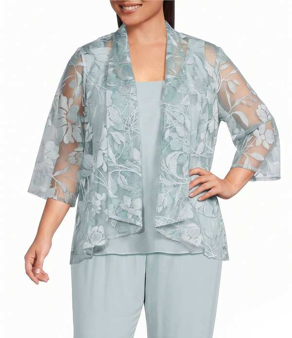 アレックスイブニングス レディース アウター 厚地の外套 シフォン 足し加える大いさ 刺しゅう Alex Evenings Plusizembroidered 3/4 Sleeve Chiffon Twinset Fresh Mint ペパーミント