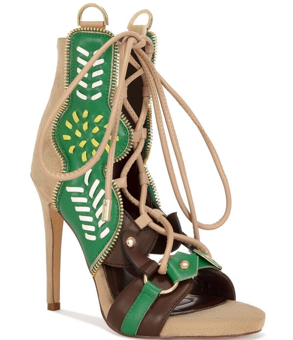 アザレア 壱 レディース シューズ サンダル ブーツ スピード競技 Azalea Wang Shainia Boho Lace Up Back Zip Bootie Sandals Green Multi 緑であること
