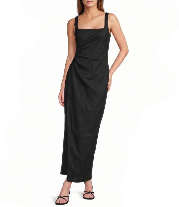 アントニオ メラーニ レディース トップス 衣裳 ギャザー ノースリーブ リネン マキシ Antonio Melani Madison Linen Square Neck Sleeveless Ruched Waist Faux Wrap Sheath Maxi Dress Black 黒いこと