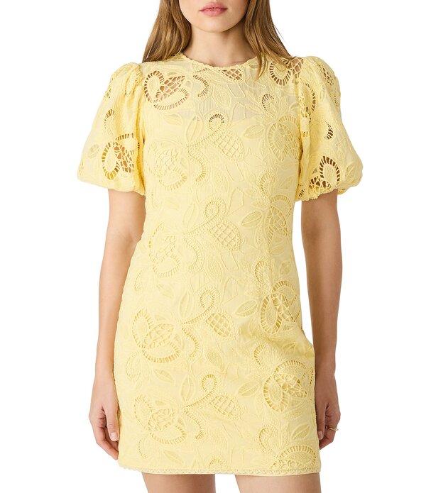 スティーブ マデン レディース トップス 衣装 労働者の一団のど首 ミニ スピード競技 Steve Madden Elly Woven Lace Crew Neck Short Puff Sleeve Sheath Mini Dress Pale Yellow 黄色