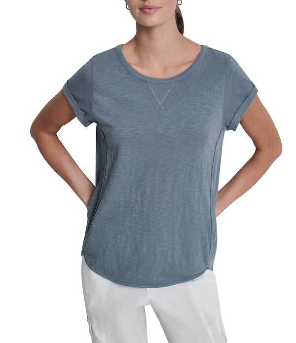 ダナキャラン レディース トップス シャツ クルーネック コットン ジャージー DKNY Sport by Donna Karan Cotton Slub Jersey Crew Neck Short Rolled Cuff Tee Blue Fog ブルー｜ReVida 店