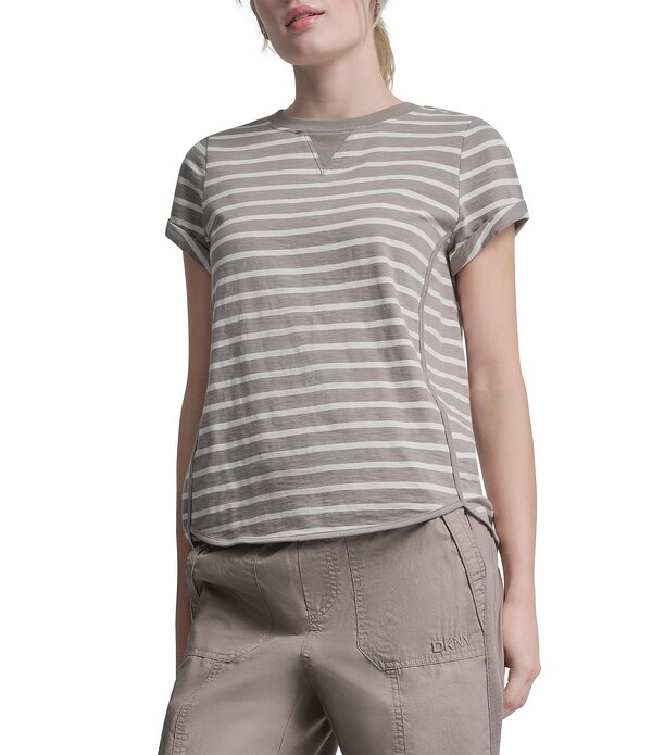 ダナキャラン レディース トップス シャツ クルーネック コットン ジャージー DKNY Sport by Donna Karan Cotton Slub Jersey Stripe Crew Neck Short Rolled Cuff Tee Mushroom/Eggnog ストライプ｜ReVida 店