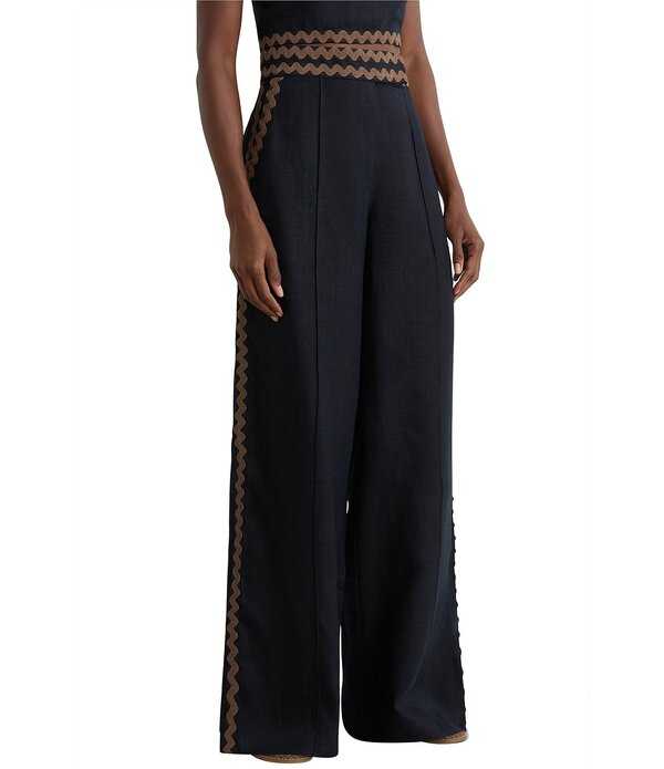 レイス レディース ボトムス カジュアルパンツ ワイドレッグ Reiss Mila Wave Trim Wide Leg Coordinating Trousers Navy/Brown ネイビー｜ReVida 店