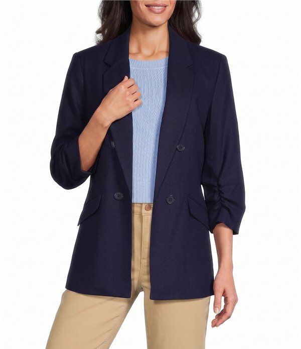 ジョーンズニューヨーク州 レディース アウター 厚地の外套 スポーツジャケット リネン Jones New York Linen Blend Notch Lapelong Scrunch Sleeve Open Front Blazer Pacific Navy 米国海軍