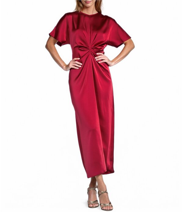 アントニオ メラーニ レディース トップス 衣装 ギャザー MIDI 繻子 Antonio Melani Gabriella Satin Ruched Jewel Neck Short Sleeve Flounce Midi Dress Cranberry